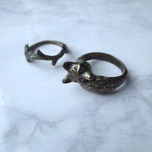 Brass Tone Nature Theme Rings Fox and Branch